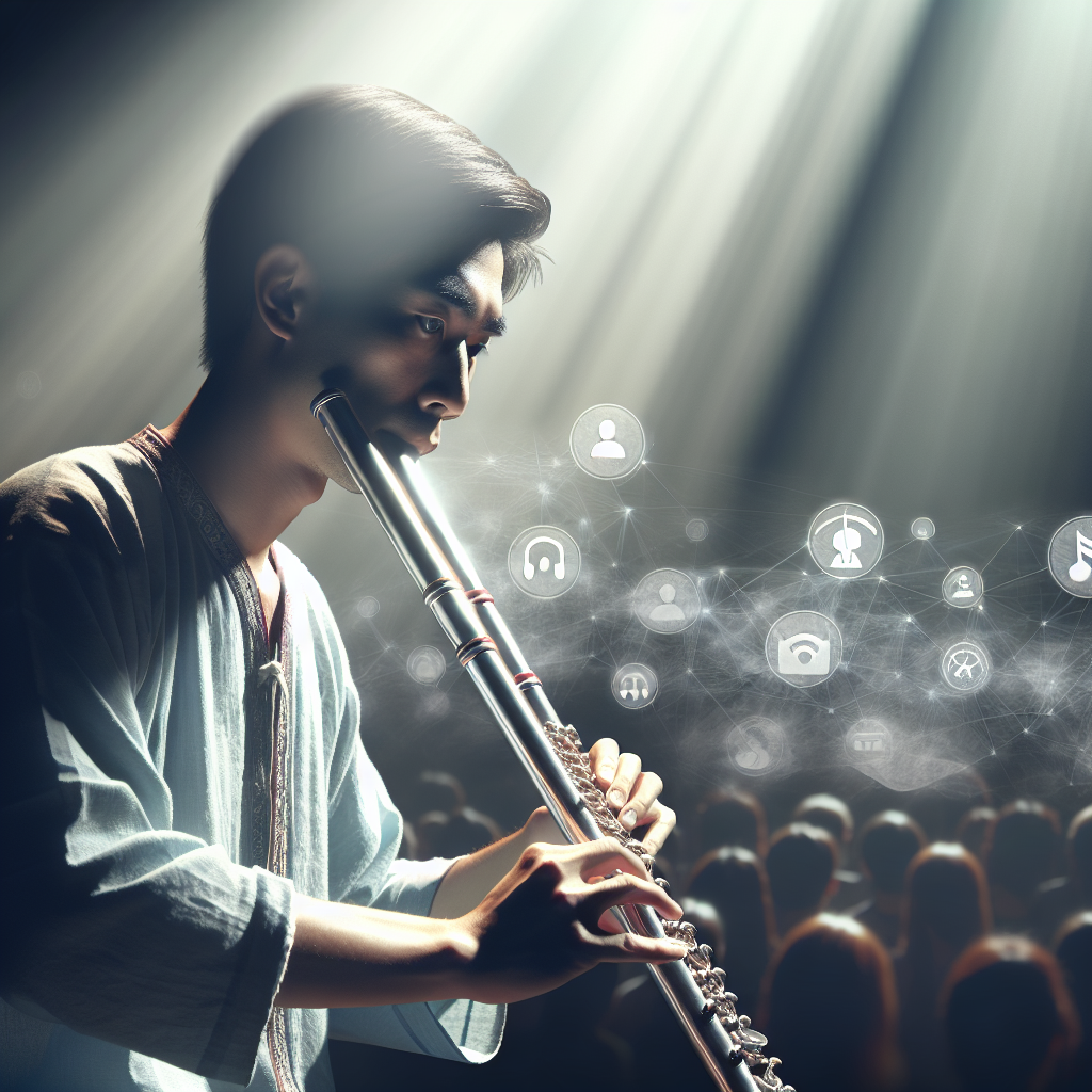 Portrett av en moderne panfløytist på en intim scene med myk stemningsbelysning, publikum i bakgrunnen og et subtle hint av digitale ikoner som representerer streaming og sosiale medier