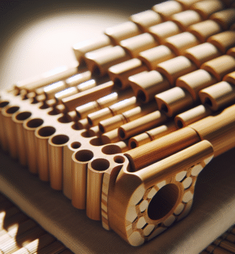 Nærbilde av en moderne panfløyte laget i blandet materiale (bambuskompositt og tre), med naturlig lys, fokus på tekstur og håndverk, stil ren og profesjonell