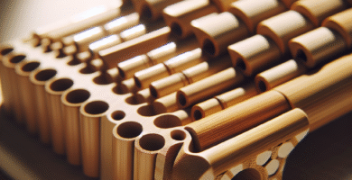 Nærbilde av en moderne panfløyte laget i blandet materiale (bambuskompositt og tre), med naturlig lys, fokus på tekstur og håndverk, stil ren og profesjonell