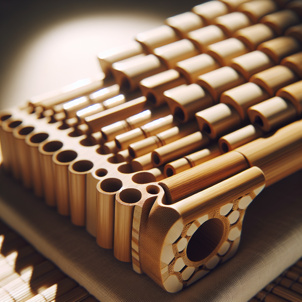 Nærbilde av en moderne panfløyte laget i blandet materiale (bambuskompositt og tre), med naturlig lys, fokus på tekstur og håndverk, stil ren og profesjonell