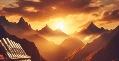 Bilde av en panfløyte mot en dramatisk andinsk fjellbakgrunn ved solnedgang, med varme toner og kulturell atmosfære