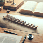 Et rolig, profesjonelt bannerbilde med en panfløyte på et trebord, juridiske dokumenter i bakgrunnen, myk belysning og nøytrale farger, stilisert, moderne design