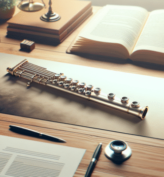 Et rolig, profesjonelt bannerbilde med en panfløyte på et trebord, juridiske dokumenter i bakgrunnen, myk belysning og nøytrale farger, stilisert, moderne design