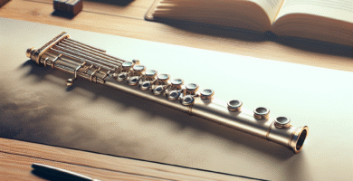 Et rolig, profesjonelt bannerbilde med en panfløyte på et trebord, juridiske dokumenter i bakgrunnen, myk belysning og nøytrale farger, stilisert, moderne design