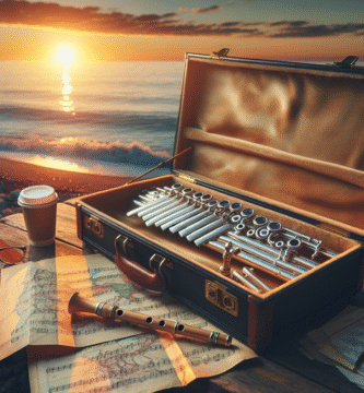 Panfløyte i et åpent reiseetui på et trebord ved en solnedgang ved kysten, med kart, noteark og en kopp kaffe i myke varme farger