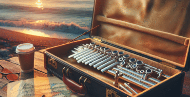 Panfløyte i et åpent reiseetui på et trebord ved en solnedgang ved kysten, med kart, noteark og en kopp kaffe i myke varme farger