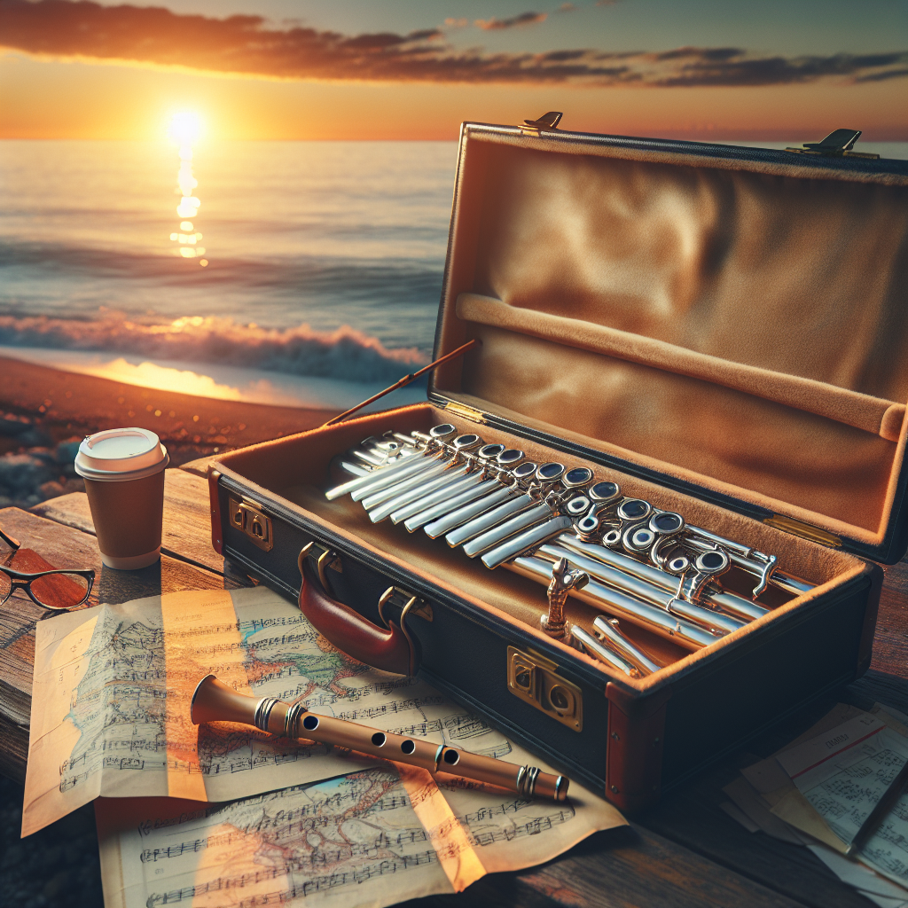 Panfløyte i et åpent reiseetui på et trebord ved en solnedgang ved kysten, med kart, noteark og en kopp kaffe i myke varme farger