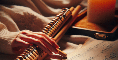 Nærbilde av en hånd som holder en pen panfløyte i tre, myk stemning, varm lyssetting, bakgrunn med noter og etuiet delvis synlig