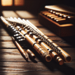 Nærbilde av en vakker panfløyte i naturlig lys på et mørkt trebord, med myk bakgrunn og varme toner som formidler håndverk og intimitet