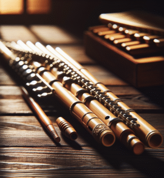 Nærbilde av en vakker panfløyte i naturlig lys på et mørkt trebord, med myk bakgrunn og varme toner som formidler håndverk og intimitet