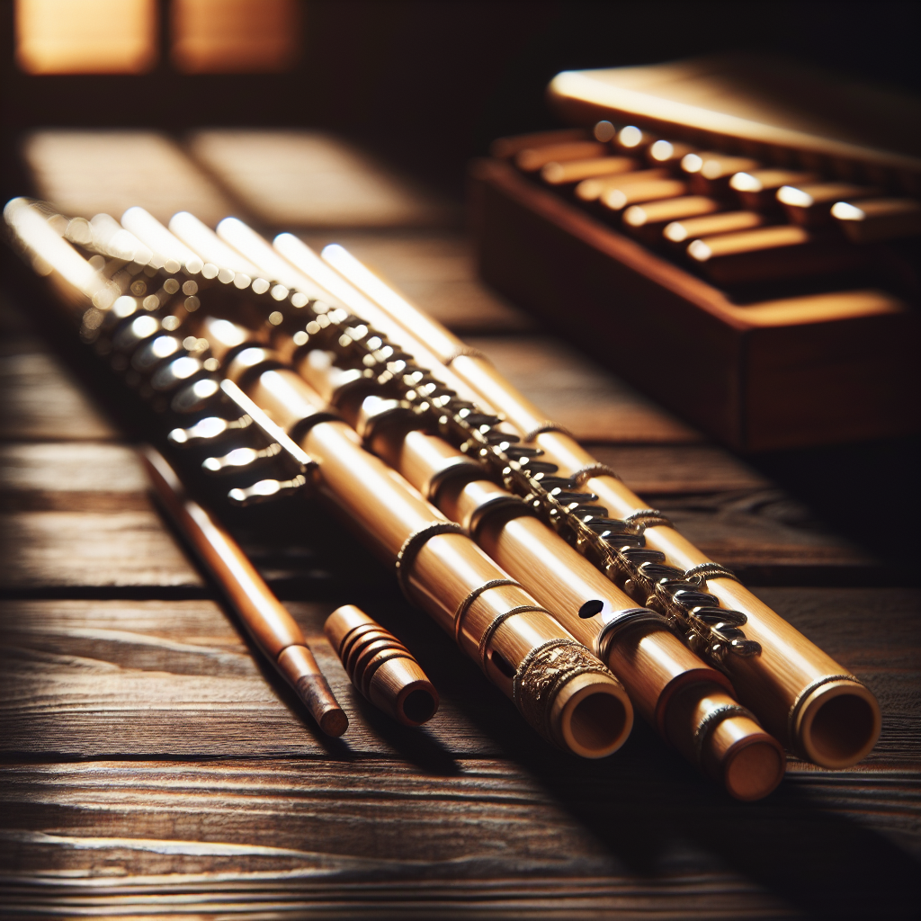 Nærbilde av en vakker panfløyte i naturlig lys på et mørkt trebord, med myk bakgrunn og varme toner som formidler håndverk og intimitet