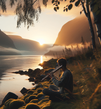 Panfløyte spilt ved en fredfull fjordkant i solnedgang, myk gyllen belysning, natur og akustikk, rolig stemning