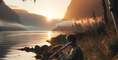 Panfløyte spilt ved en fredfull fjordkant i solnedgang, myk gyllen belysning, natur og akustikk, rolig stemning