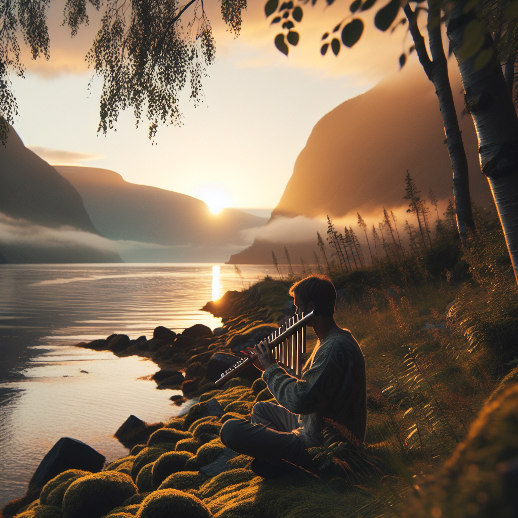 Panfløyte spilt ved en fredfull fjordkant i solnedgang, myk gyllen belysning, natur og akustikk, rolig stemning