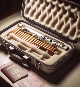 En beskyttet panfløyte i et polstret hardcase, på et trygt bord med myk belysning, inkludert pass, boardingkort og en papirnotat med kontaktinfo