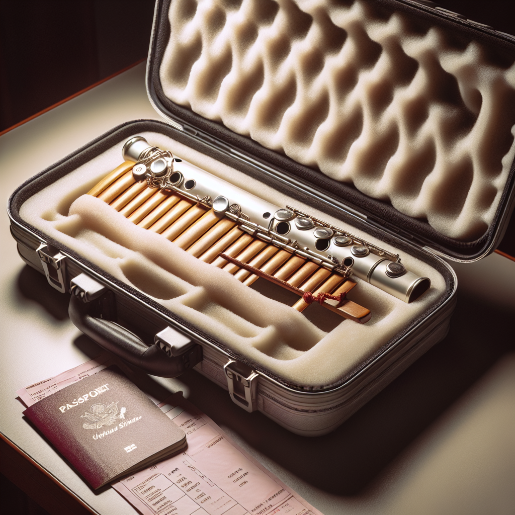 En beskyttet panfløyte i et polstret hardcase, på et trygt bord med myk belysning, inkludert pass, boardingkort og en papirnotat med kontaktinfo