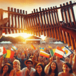 Panfløyteartist på en festivalscene med publikum i myk kveldssol, nærbilde av instrumentet og et internasjonalt publikum i bakgrunnen, varm fargepalett