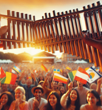 Panfløyteartist på en festivalscene med publikum i myk kveldssol, nærbilde av instrumentet og et internasjonalt publikum i bakgrunnen, varm fargepalett